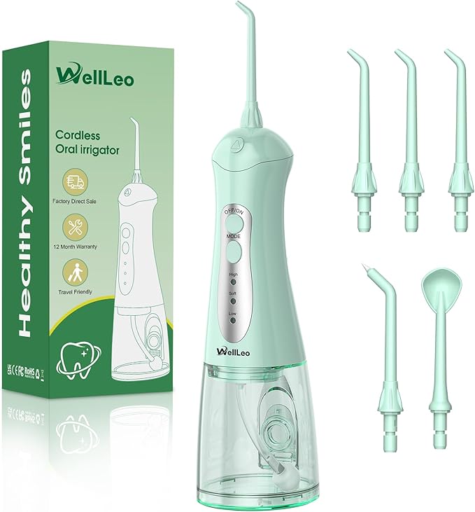 WellLeo Water Flosser for Teeth, Portable Oral Irrigator Rechargeable Water Dental Flosser Pick with High Pressure 5 Jet Tips, IPX7 Travel Water Flossing for Brace Teeth Cleaner Gum Care