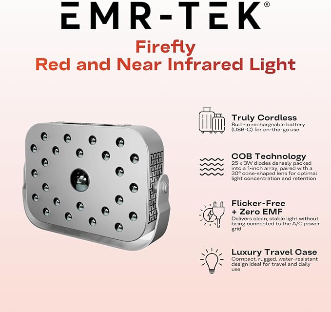 EMR-TEK Firefly Portable Red Light Therapy for Face & Body | Blend of Red (630nm 670nm) & Near-Infrared (830nm) Light | First-Ever Cordless COB Red Light Device | Flicker-Free, Travel Case Included