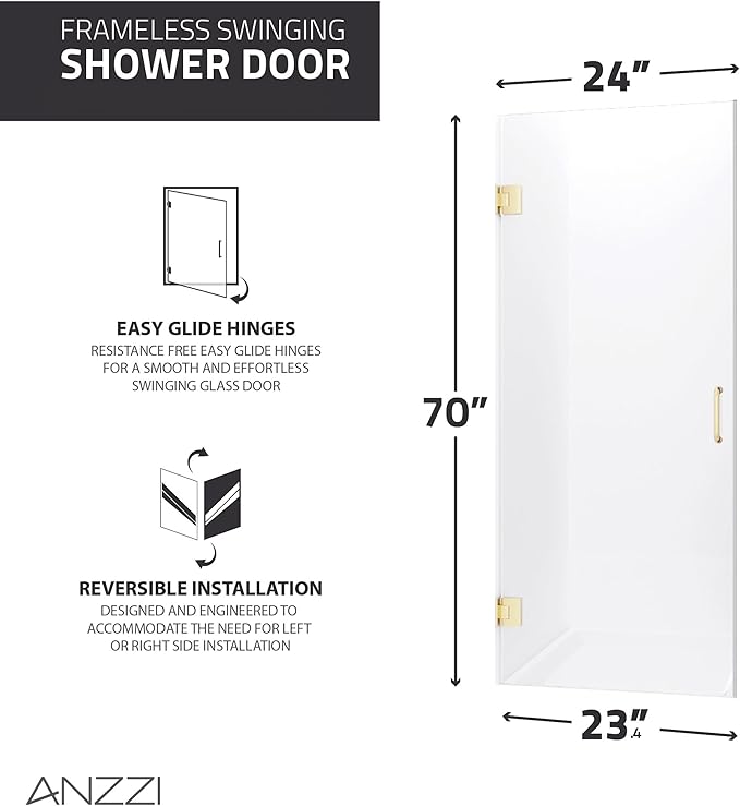 ANZZI 70" x 24" Frameless Shower Door in Brushed Gold,Water Repellent Glass Shower Door with Seal Strip Parts and Handle, 5/16 Glass Hinged Shower Door with Handle (SD-AZ09-01BG)