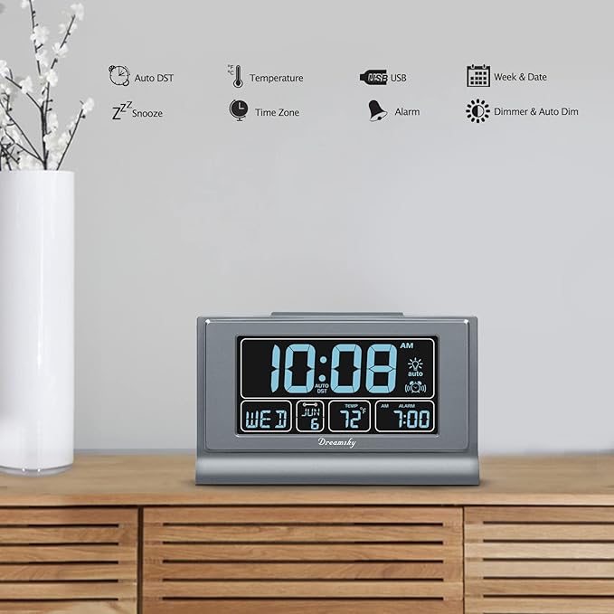 DreamSky Digital Alarm Clock with Battery Backup, 5 Inch Large Display, Auto Set Clock, USB Charging Ports, 12/24H