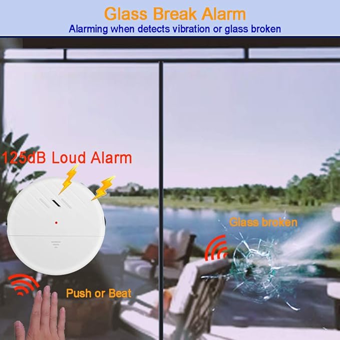 EverNary Window Vibration Alarm,6Pack 125dB Loud Ultra-Slim Anti-Theft Alarm for Door and Window Glass Break Sensor Alert with Adjustable Sensitivity (6, White)