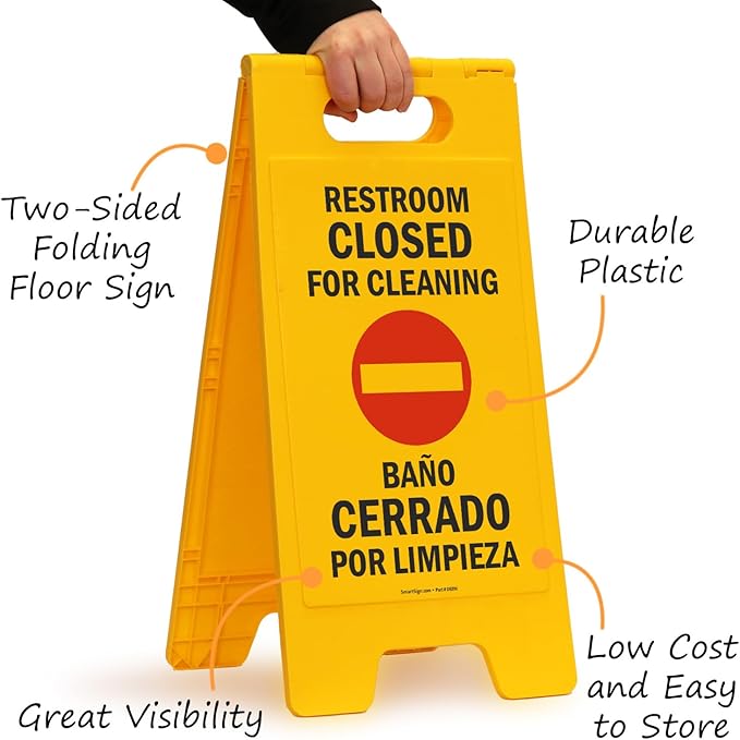 SmartSign 25 x 12 inch “Restroom Closed for Cleaning" Bilingual Two-Sided Folding Floor Sign, Plastic, Red, Black and Yellow