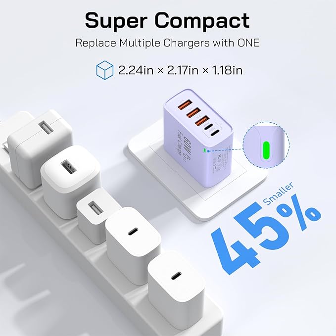 2Pack USB C Fast Charger Block, Total 60W 5-Port USB C Wall Charger 30W Type C Charging Block, 2USB C+3USB A PD 3.0 Multiport Charging Cube for iPhone 17 16 15 14 Pro Max, G-alaxy S25 S24 Ultra, i Pad