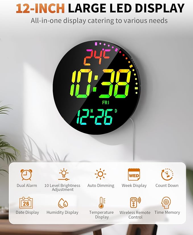 GLOKUUCA 12" Large Digital Wall Mount Clock, Count Down Timer, Alarm, Big LED, 12 RGB Color, Temperature for Living Room Classroom Desk, Xmas, Birthday Gift for Senior Mom Dad (Round)