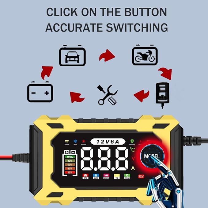 6-Amp 12V Smart Car Battery Charger, Battery Maintainer Trickle Charger with Desulfator, Pulse Repair & Overcharge Protection - for Car Lawn Mower Marine Lead-Acid Batteries (Yellow)