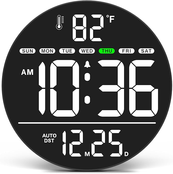 WallarGe Large Digital Wall Clock with LED Display, Electric Wall Clock with Temperature, Auto DST, Date, and Day, 5-Level Brightness for Office, Bedroom, Living Room, Classroom Décor