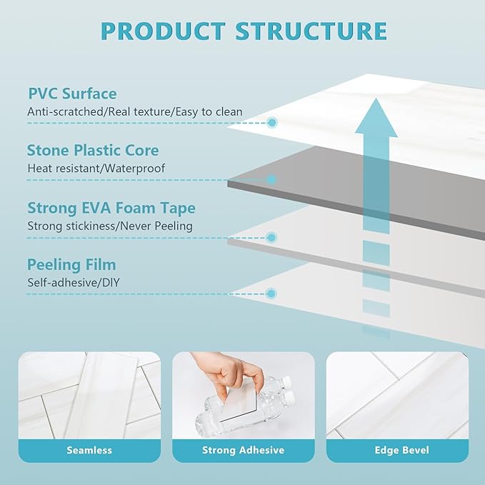 Vamos Tile 100-Piece Glossy Dolomite White Peel and Stick Backsplash Tile,3''x6'' PVC Subway Tile with White Grout, Stick on Backsplash for Kitchen/Bathroom/Fireplace
