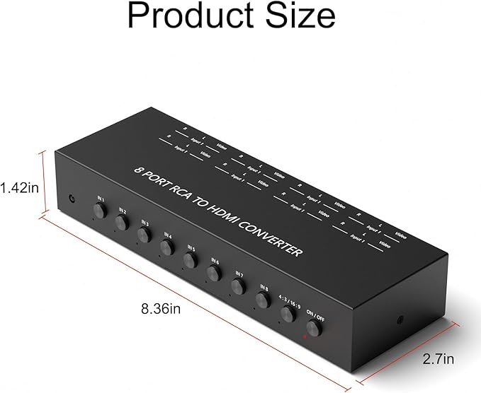 8 Port RCA to HDMI AV to HDMI Converter 1080P/720P 8 Way RCA Composite CVBS AV Switch to HDMI Converter Adapter Support 4:3/16:9 Switch For Sega Xbox PS1 PS2 PS3 N64 NGC SNES WII VHS VCR Camera