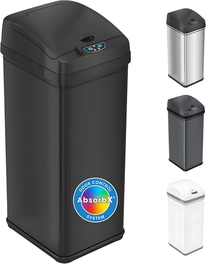 iTouchless 13 Gallon Kitchen Trash Can with Odor Filter, Automatic Motion Sensor Bin, Soft-Close Stainless Steel, Slim Wastebasket for Narrow Spaces, Matte Black