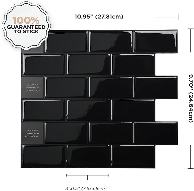 SMART TILES Peel and Stick Backsplash - 10 Sheets of 10.95" x 9.70" - 3D Adhesive Peel and Stick Tile Backsplash for Kitchen, Bathroom, Wall Tile, Subway Nero