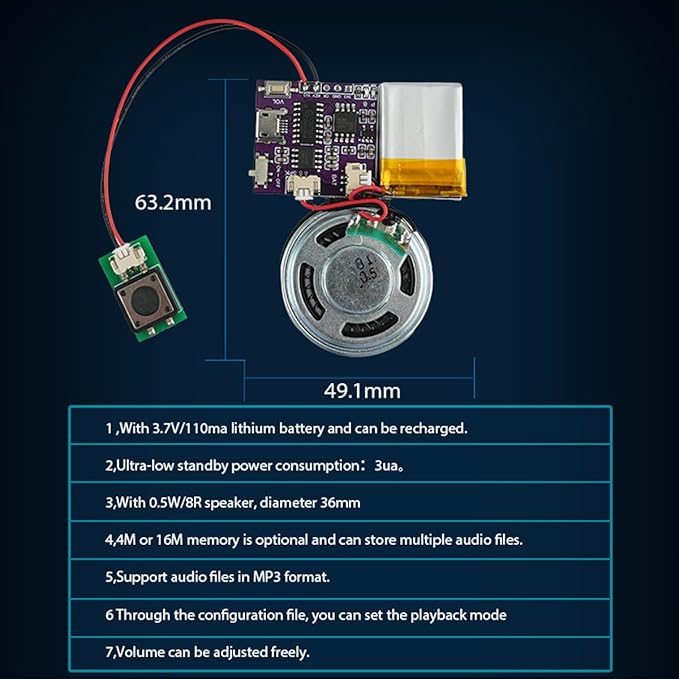 Voice Module,MP3 Music Sound Chips, 16MB Sound Module for Crafts, Christmas, New Year Greeting Cards, Box with Speaker Lithium Battery Powered and USB Cable. (JR-JX7004-Button Sound Module)