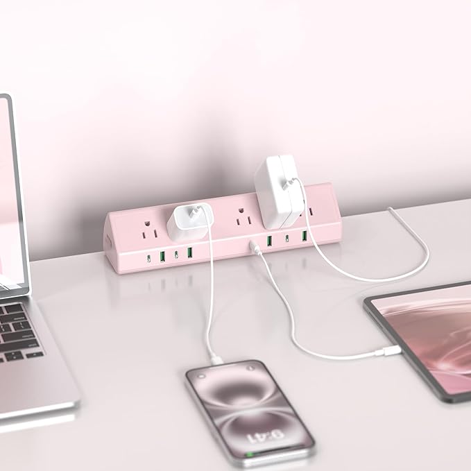 Jgstkcity Desk Clamp Power Strip,65W Fast Charging Station,4 USB-C,4 USB-A,1200J Surge Protector,ETL Listed,1875W Extension Cord,Multiple Outlets for Home, Office (Pink, 6 FT Cable)