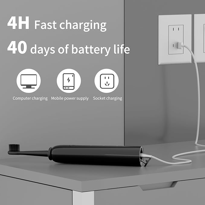 Rooman Oscillation&Vibration Sonic Electric Toothbrush for Adults, with 8 Brush Heads for Travel & Teeth Care, 20000 VPM, 3 Cleaning Modes, 2-Minute Timer, IPX7 Waterproof (Black)