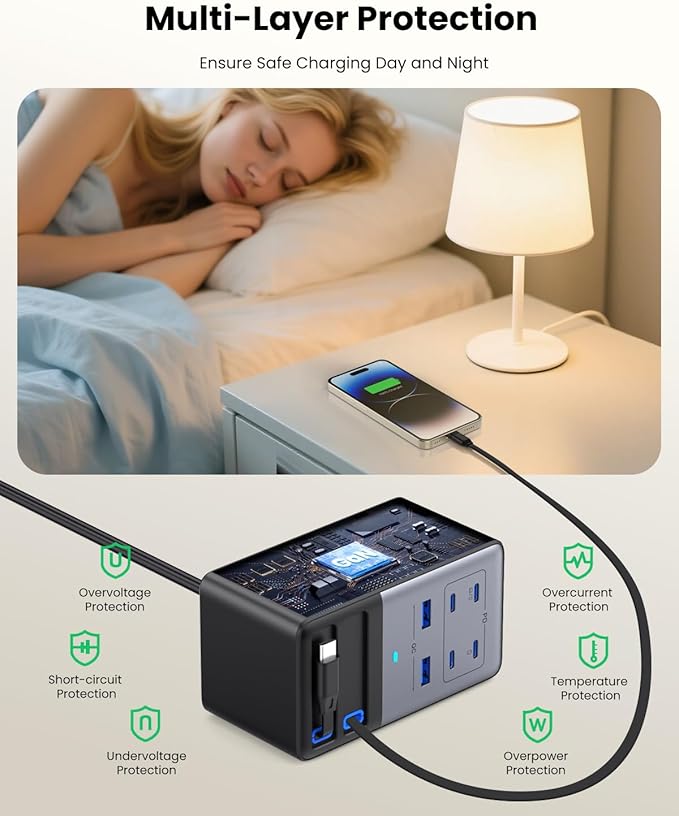 USB C Charger 275W Charging Station with Retractable Dual Cables,Upgraded 8-in-1 GaN IV Fast Charging Hub Block+PD QC PPS 65W Laptop Adapter for MacBook Pro/Air,iPad,iPhone 17/Pro,Galaxy S24,Dell etc