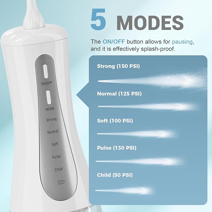 GOLDANT 350ML Water Flosser with Drainage & Storage Stand, Keeps Dry & Clean, 5 Modes, 360°Nozzle, Cordless Rechargeable, IPX7 Waterproof, Portable for Home & Travel (White)