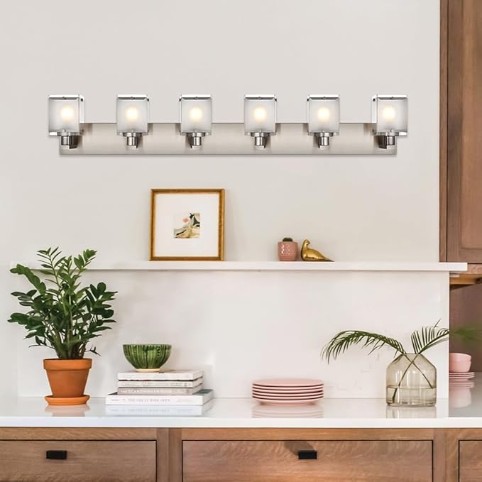 WINSHEN 6-Lights Bathroom Vantiy Light Over Mirror, Modern Black Vanity Lighting Fixtures with Rectangular Frosted Glass Shades for Bath Kitchen Wall Mounted, E26 Bulb Base