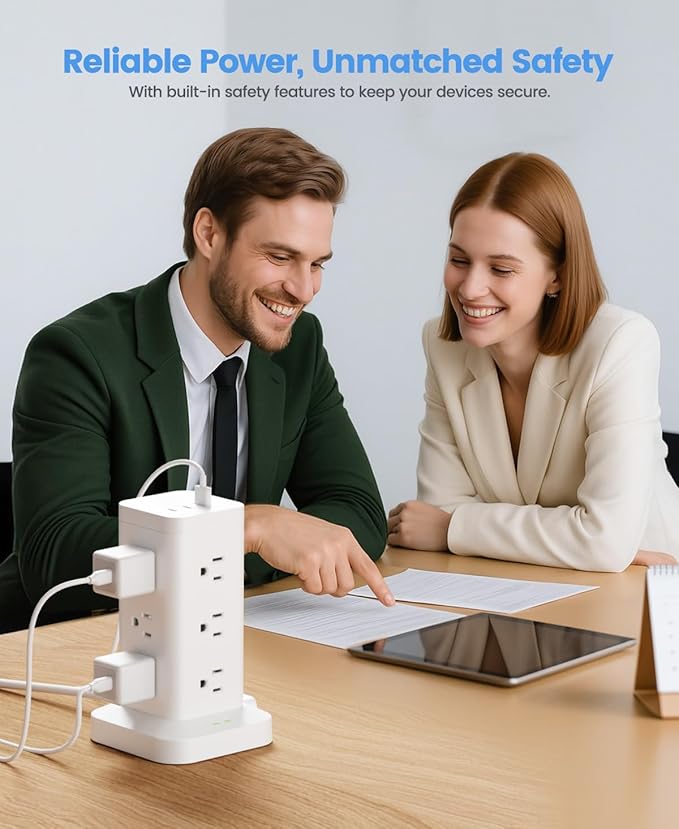 Tagzilo 15-in-1 Power Strip Tower with Surge Protector 1800J, Fast Charging Tower PD20W USB-C Ports with 12 AC Outlets, 15ft Extension Cord for Home Office Dorm Room, White