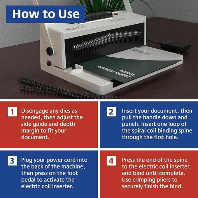 TruBind Coil Binding Machine with Electric Coil Inserter and Foot Pedal | 20 Sheet Punch Capacity | Bind up to 440 Sheets | 46 Fully Disengageable Dies | 4:1 Pitch | 2-Year Warranty