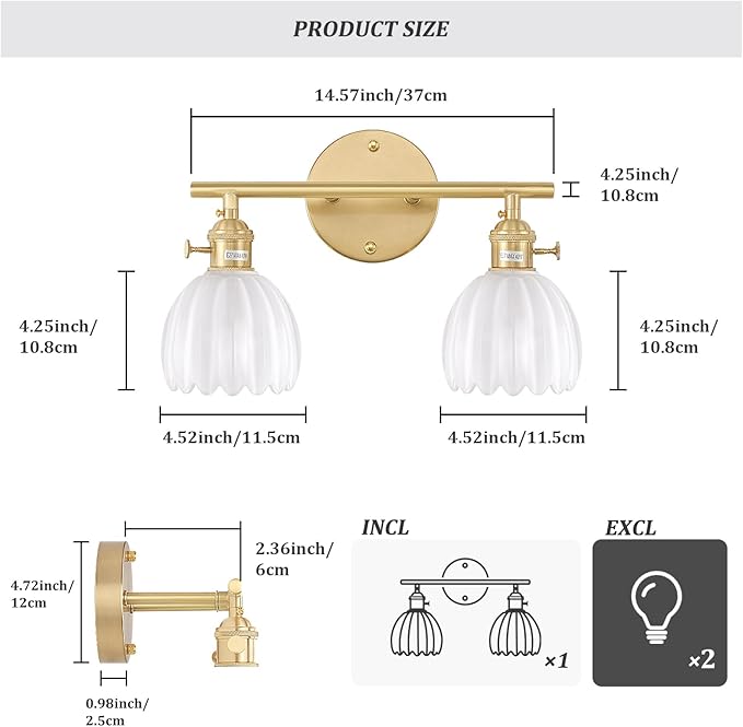 Shenmoyl Bathroom Light Fixtures, 2-Light Brass Vanity Wall Light Over Mirror with White Tulip Glass Shade for Bedroom Living Room (Bulb Not Included)