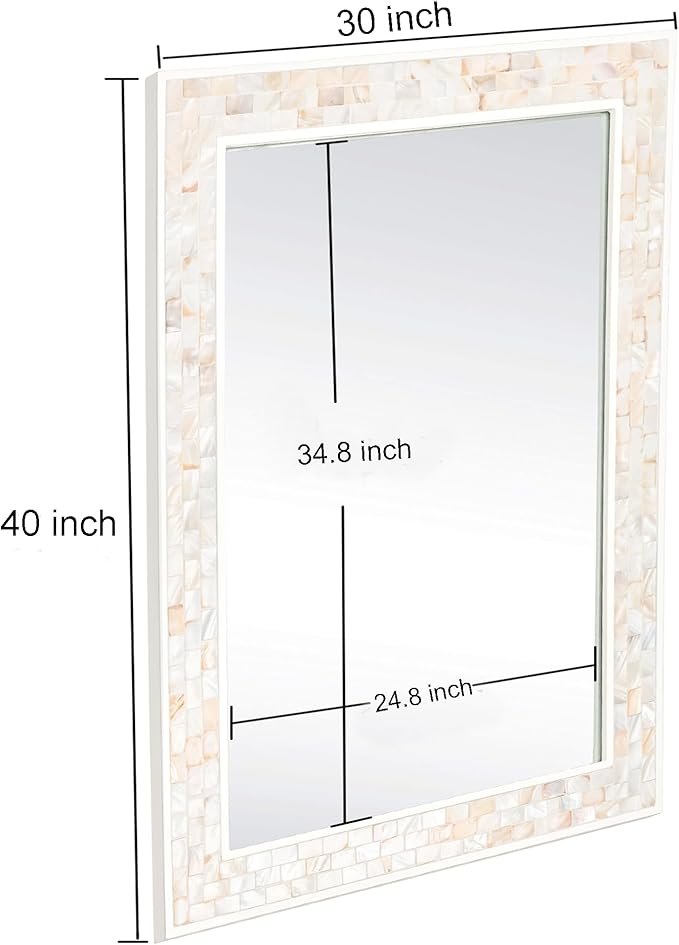 Tanmicoshomy 30 x 40 Inch White Bathroom Mirror, Coastal Natural Shell Framed Rectangle Mirrors for Bedroom, Living Room Wall Decor, Horizontal or Vertical Hanging