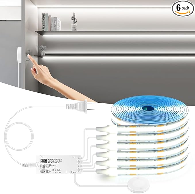 CHNMALITAI Under Cabinet LED Lighting kit, 6 PCS 6500K White LED Strip Lights Penetrable Wood Touch Dimmable COB LED Strip with 60W Adapter for Kitchen Cabinet,Counter,Shelf,TV Back,Showcase