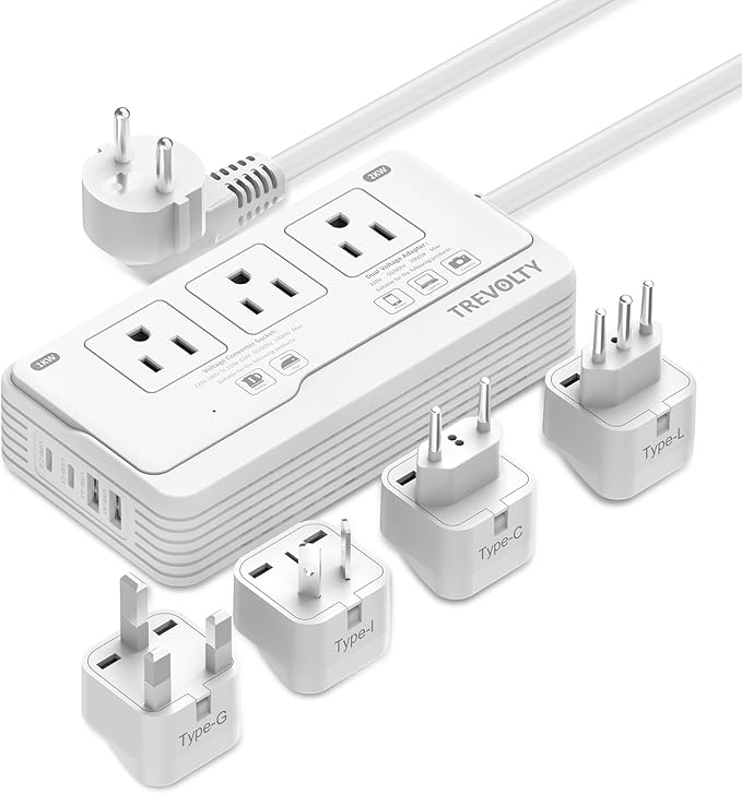 TREVOLTY 2000W Voltage Converter US to Europe for Hair Dryer, 220V to 110V Converter for European Travel with 3 AC 2 USBC 2 USBA Ports, European Travel Plug Adapter with Type C/G/I/L Power Plug