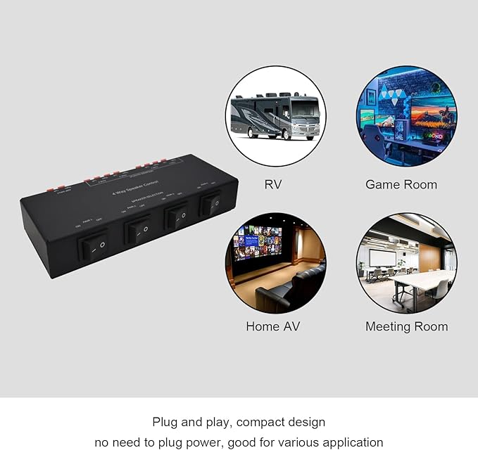 SENWIKATIN 4 Zone Speaker Selector, Passive 200W Distribution Box Control 4 Pairs Speakers, Plug and Play with Spring Clip Connectors