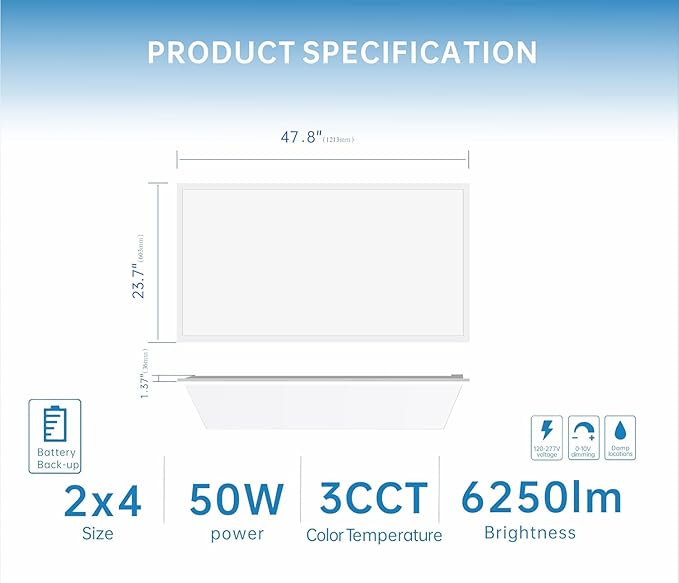 2X4 LED Flat Panel Light with Emergency Battery Backup, 50W 3000K/4000K/5000K, 0-10V Dimmable, 6500 Lumens, LED Drop Ceiling Lights, 100-277V, DLC UL Listed, Ultra Thin Back-Lit (24 Pack)