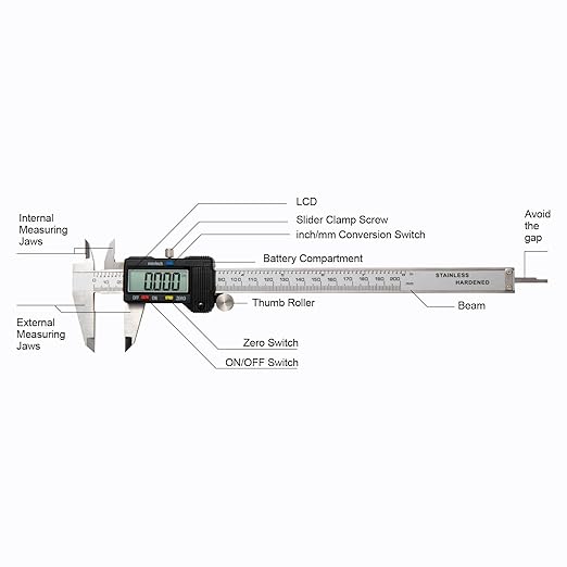 SCITOOLS Digital Caliper 0-8" Measuring Tool with Metal Ruler, Micrometer Caliper with Auto-Off Feature, Interchangeable Between inches and millimeters for DIY/Household and 3D Printing, Black