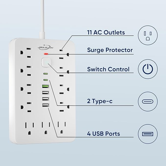 JouleLoom 10 FT Flat Plug Surge Protector Power Strip,11 Multiple AC Outlets with 6 USB Ports (2 USB C), 6 Feet Extension Cord, 1250W/10A, One Touch Switch Button, White