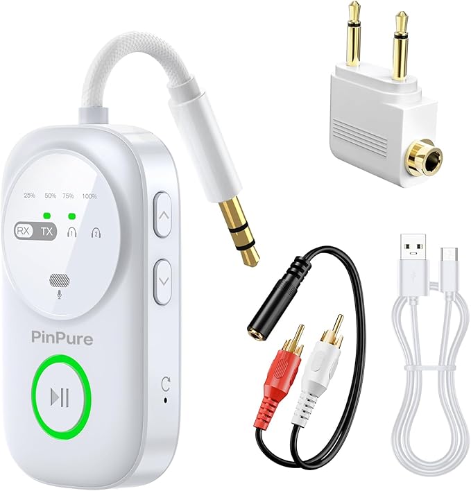 PinPure Bluetooth 5.4 Transmitter Receiver for 2 AirPods/Headphones, 2-in-1 Wireless Adapter with Microphone, Audio Adapter with 3.5mm Audio Jack, Suitable for Airplane, Car, TV, PC, Home Stereo