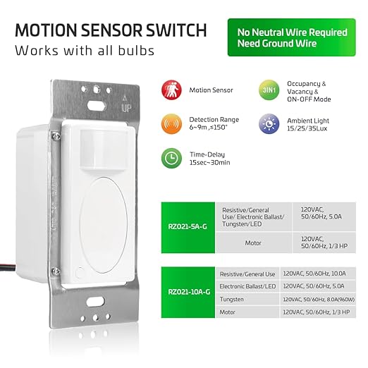 RAYZEEK Motion Sensor Light Switch,Need Ground Wire,Occupancy Sensor Switch, PIR Motion Activated Switch for Indoor,PC Fireproof, UL Certified