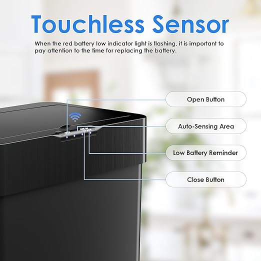 AthLike Sensor Trash Can, Touchless Motion Sensor Trash Bin, Smart Automatic Garbage Can with Soft-Close Lid, Bag Retainer Ring and Display Light,for Kitchen,Living Room Office (Black, 16 Gal)