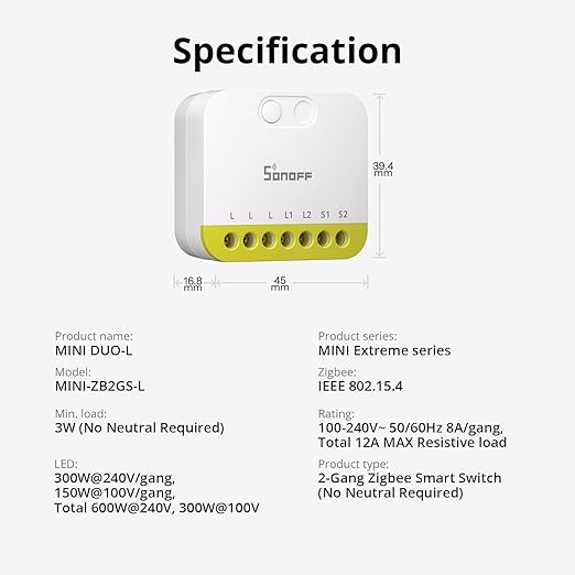 SONOFF MINI Duo-L Zigbee Smart Switch – No Neutral Wire, Zigbee 3.0, Dual Channel, Compact Design, Works with Alexa, Google Home