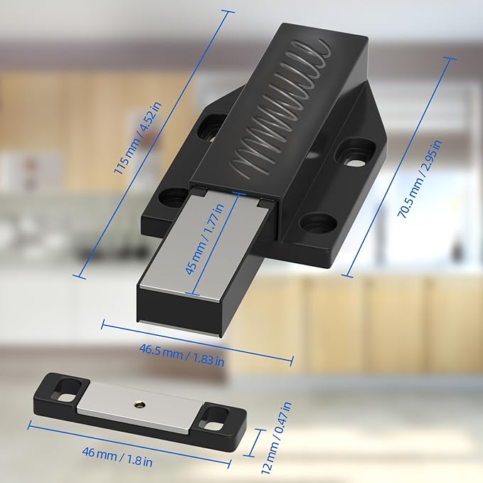 Touch Latch Jiayi Heavy Duty Push Open Cabinet Hardware Magnetic Push Spring Latch for Large Door Release Latch Pop up Hidden Door Catch Cabinet Magnets Push Close for Cupboard Drawer (Black, 2 Pack)