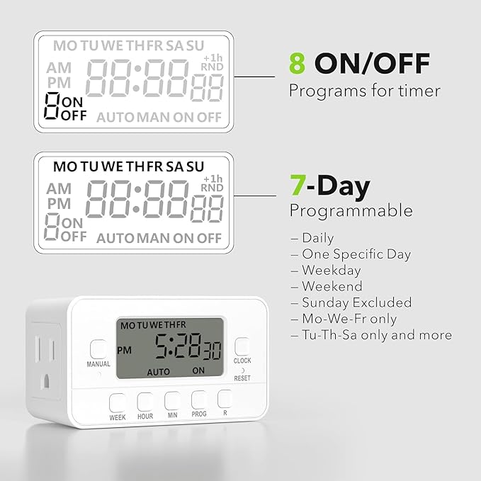 STANLEY 2 Grounded Outlet Digital Weekly Timer Security Mode 8 On/Off Program Repeat Weekly Manual ON Override Switch Easy Set Digital Bar Timer