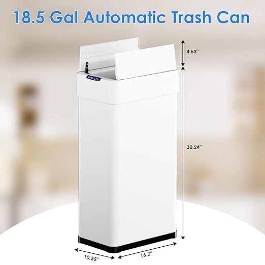 TLSUNNY 18.5 Gallon Automatic Trash Can, Stainless Steel Motion Sensor Garbage bin, Smart Trash Can W/Butterfly Lid, Bag Retainer Ring and Display Light for Living Room,Kitchen,Office (White, 70L)