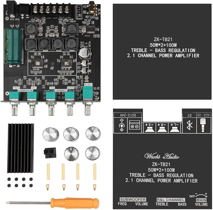 Bluetooth Audio Amplifier Board, ZK-TB21 2.1CH 50W x 2 +100W Subwoofer Power Amp with Treble and Bass Control, Bluetooth5.0 and AUX Inputs, Stereo Digital AMP for DIY Home Speakers