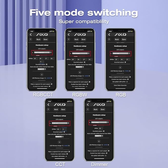 ESP32 PWM WLED LED Controller 5 Modes in 1 DC 12-24V WiFi Wireless App Control Easy Wiring DIY Static Dynamic Mode Lighting For Analog RGBCCT RGBW RGB WWCW CCT Dimmer Strip Light WLED Pre-installation