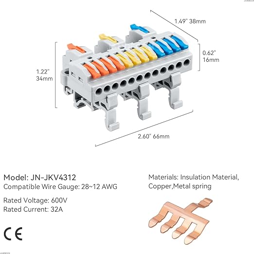 JANDECCN 4pcs DIN Rail Terminal Blocks, DIY Splicing Wire Connectors for Circuit Inline 28-12AWG (3 in 12 Out)