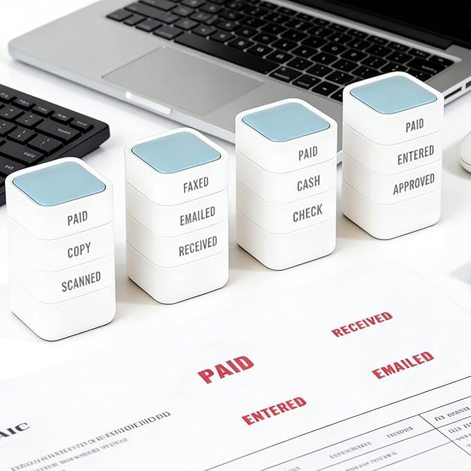 3-in-1 Office Paid/Entered/Approved Stamps for Business, Pre Inked & Self Inking Rubber Company Stamp Hand with Impression Size: 9/10’’x 9/10’’ for Efficient Bookkeeping, Ordering, Accounting Work