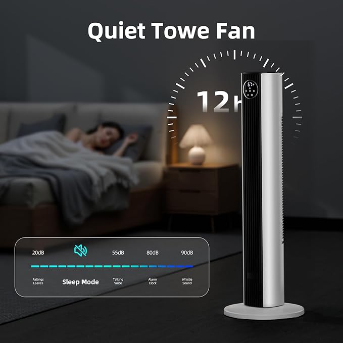 Antarctic Star Tower Fan Portable Floor Fans 85°Oscillating Fan Quiet Cooling 12H Timer Remote Control Standing Bladeless Electric 3 Wind Speeds 4 Modes Bedroom Office,36 inch, Black+White