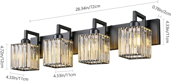 FDPBY Black Bathroom Light Fixture, 4-Light Crystal Vanity Lighting, Bathroom Lighting Fixtures Over Mirror, Modern Crystal Wall Lamp