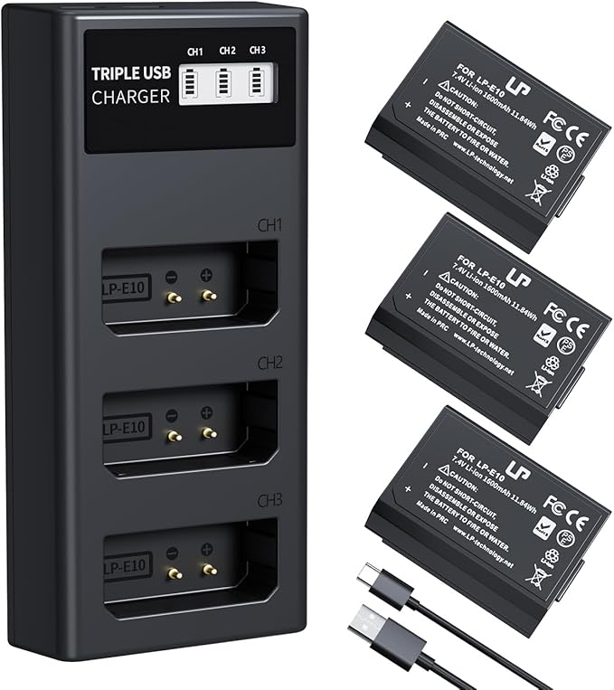 LP LP-E10 Battery Charger Pack, Triple Slot Charger, USB Battery Charger by LP