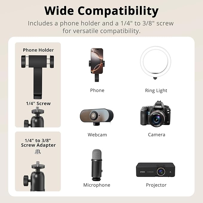 SupeDesk Overhead Camera Mount, Adjustable Desk Mount with Flexible Aluminum Spring Arm, 360° Ball Head, 1/4" 3/8" Screw & Phone Clamp for DSLR Cameras, Light, Heavy Microphones, and Smartphones