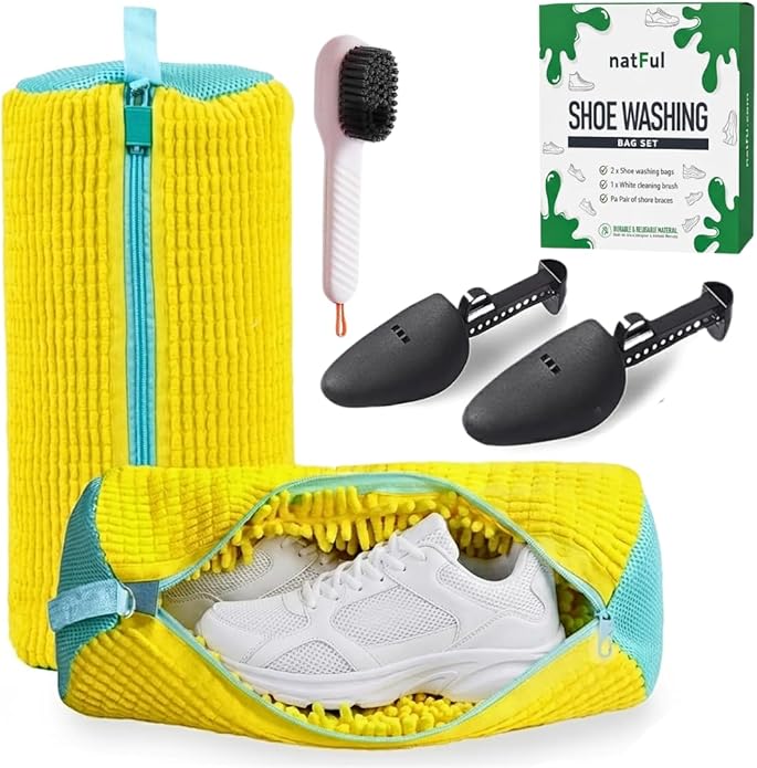 2-Pack Shoe Washing Machine Bag – Reusable Shoe Washing Bag with Brush & Shoe Trees, 360° Deep Cleaning Durable Sneaker Washing Machine Bag, Fits All Shoe Types & Sizes (Yellow, 15.35" × 7.87")