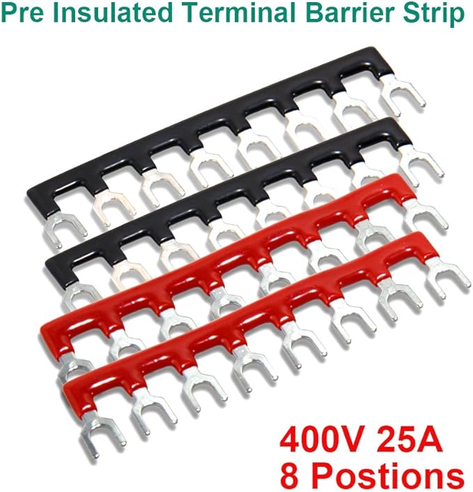 MILAPEAK 8pcs (4 Sets) 8 Positions Dual Row 600V 25A Screw Terminal Strip Blocks with Cover + 400V 25A 8 Positions Pre-Insulated Terminals Barrier Strip (Black & Red)