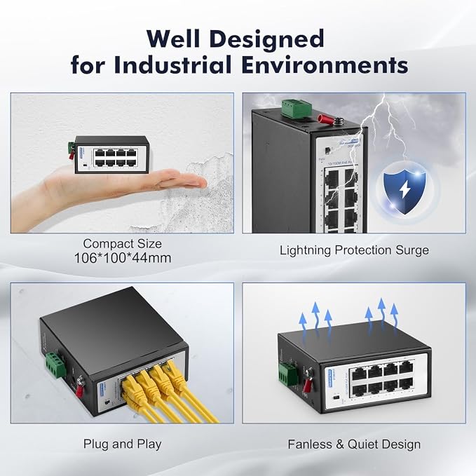 8 Port Mini PoE+ Industrial Switch, 10/100Mbps Fast Ethernet, Din Rail & Wall - Image 6