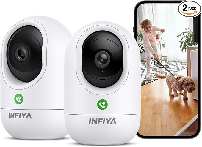 INFIYA 2K Security Camera Indoor-360 Cameras for Home Security and One-Tap Call, Elderly/Cat/Baby/Nanny, Motion Alert, Intelligent Tracking, 2.4GHz WiFi Only, Work with Alexa/Google Home, K7 2Pack