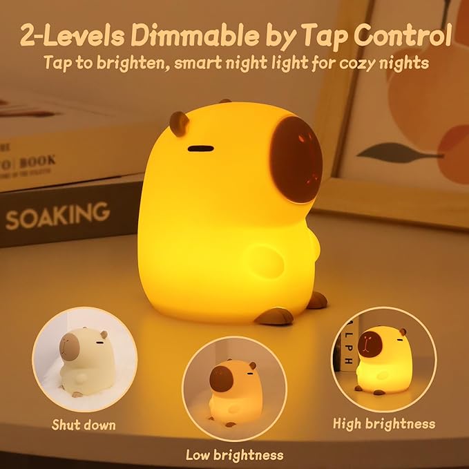 Rytinazzz Capybara Night Light, 50-Hour Battery & Pat Control, Squishy Animal Lamp for Kids Room, USB Rechargeable with Timer, Valentines Gifts